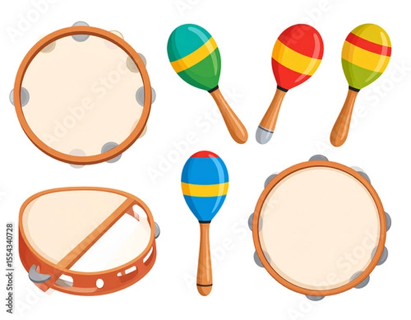 Fototapeta Detailed studio shot of a complete drum kit, featuring cymbals, toms, and a bass drum on white background