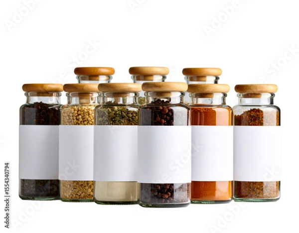 Fototapeta Bunch of assorted spices placed in order on lumber tabletop near bottle of oil