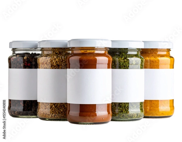 Fototapeta Bunch of assorted spices placed in order on lumber tabletop near bottle of oil