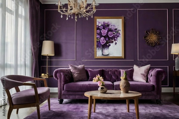 Fototapeta photo of a living room sofa with a modern theme, colorful, there is a small pot of flowers, the background of the sofa in the living room.