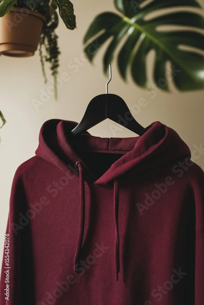 Obraz Close-Up Maroon Hoodie Mockup Hanging on Beige Wall – Detailed Texture and Stitching Highlighted Under Perfect Lighting, Minimalist Background