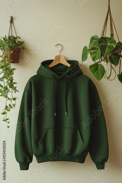 Obraz Dark Green Hoodie Mockup Hanging with Focus on Hood and Sleeves – Perfect Lighting and Beige Background with Decorative Accent
