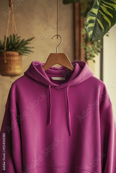 Obraz Dark Pink Hoodie Mockup on Hanger – Close-Up with Bright Focused Lighting, Warm Beige Background and Small Hanging Pot Decor for a Stylish Presentation