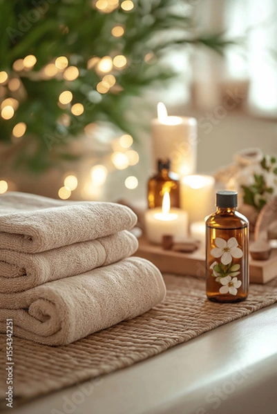 Obraz a tranquil spa moment a minimalist massage table draped in soft beige linen, with a hand-folded towel pyramid, a carved wooden tray holding organic oil bottles, and delicate wellness elements like dri