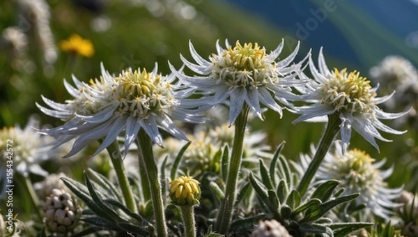 Fototapeta Close-up of blooming Edelweiss flowers in a high-altitude alpine meadow with rocky terrain and snow-capped peaks in the background, Stelvio National Park, Italian Alps