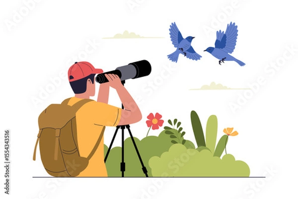 Fototapeta Flat Vector Illustration of Birdwatching with Telescope. Illustrations for websites, landing pages, mobile apps, posters and banners