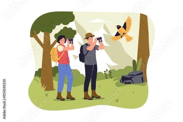 Fototapeta Flat Vector Illustration of Birdwatching in Nature. Illustrations for websites, landing pages, mobile apps, posters and banners