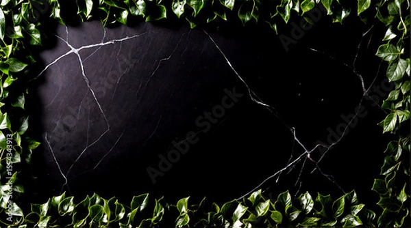 Fototapeta Black marble texture background overgrown with leaves and vines.