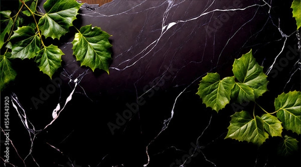 Fototapeta Black marble texture background overgrown with leaves and vines.