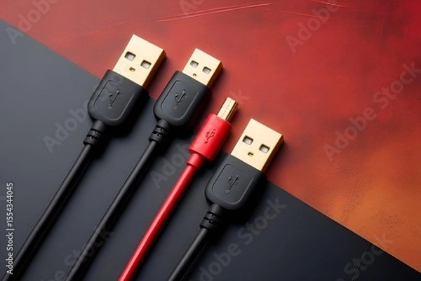 Obraz Flat Lay of Black and Gold USB Cables on Red Orange Gradient Background