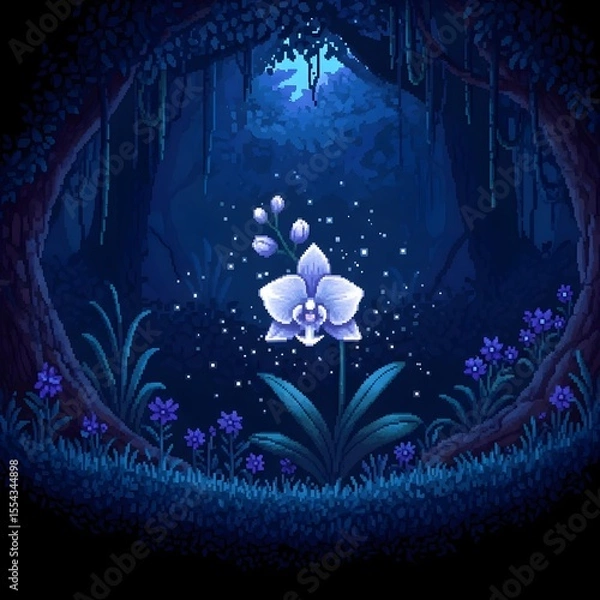 Fototapeta pixel art scene deep within a dark, magical forest at night, rendered in a palette of deep blues and purples. The only source of light is a rare and beautiful Ghost Orchid, its spectral white petals.