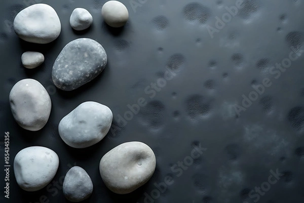 Fototapeta Smooth river stones scattered on matte black surface, AI-generated
