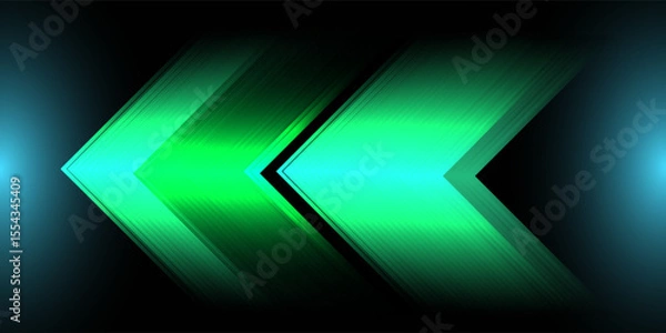 Fototapeta Glowing green neon chevron arrows pointing left on black background, abstract futuristic motion graphic design. vector Eps 10
