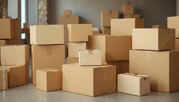 Fototapeta Stacked Brown Cardboard Boxes in Warehouse with Natural Lighting