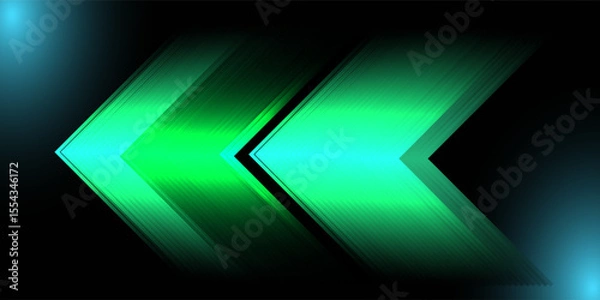 Fototapeta Glowing green neon chevron arrows pointing left on black background, abstract futuristic motion graphic design. vector illustration
