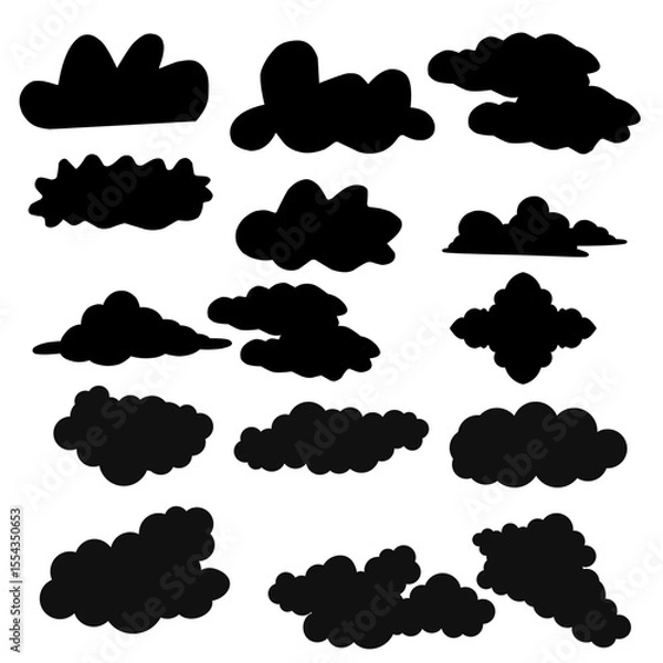 Fototapeta Black Flat Vector Cloud Set – Cartoon Icons for Web, Logo, App, Infographic, Labels & Stickers