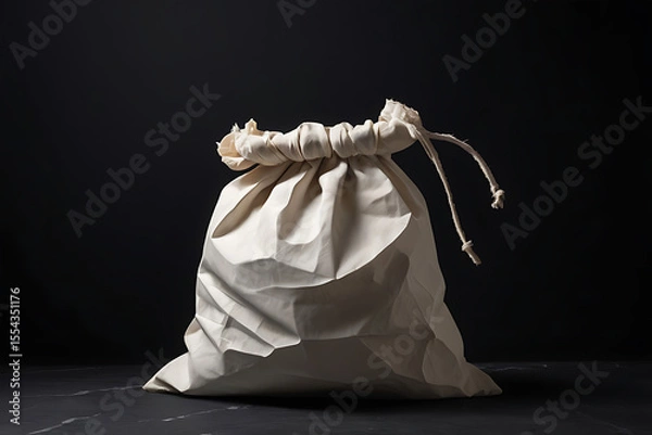 Fototapeta Tied cloth bag resting on matte black surface, natural texture, AI-generated

