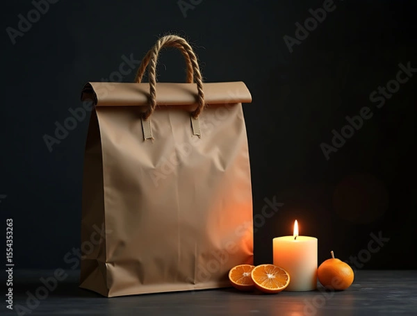 Fototapeta Recycled cardboard bag with jute handles, candle, dried oranges, AI-generated