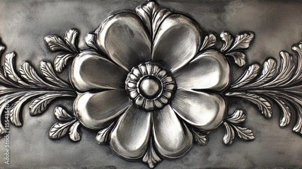 Fototapeta Ornate, embossed floral design on a metallic surface.