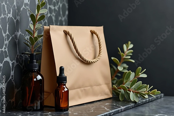 Fototapeta Shopping Bag.Sleek cosmetic droppers in matte cardboard bag with eucalyptus, AI-generated