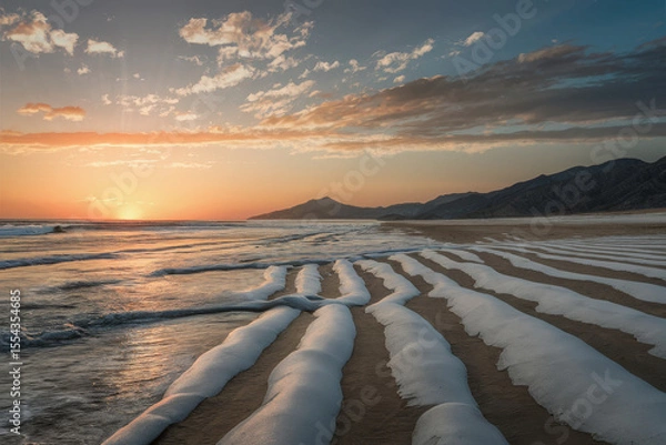 Fototapeta Golden Sunset Over Rugged Coastline with Unique Foam Patterns on an Isolated Beach