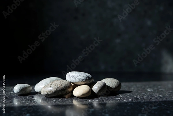 Fototapeta Scattered natural stones on matte black surface with soft light, AI-generated