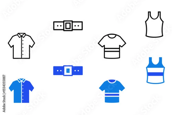 Fototapeta Clothes line and flat icons set. Woman and man clothes and accessories collection. Fashion wardrobe. Editable Vector illustration. 