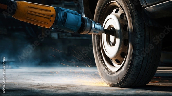 Fototapeta Close-up of mechanic removing car wheel with impact wrench, dynamic motion blur, garage floor surface, tire replacement in progress