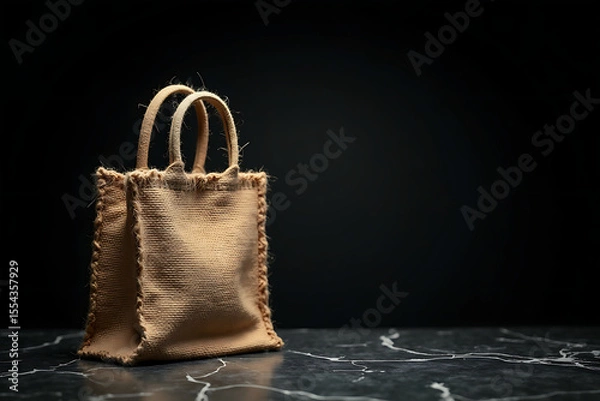 Fototapeta Shopping Bag. Brown cloth bag resting on a matte black surface, minimalist look, Back drop.AI-generated