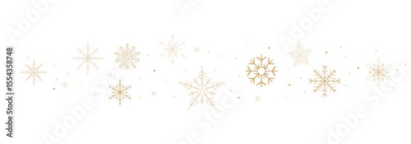 Fototapeta Gold snowflake wave border. Snow golden holiday winter background. Falling snow, garland, star ornament. Flake design element, decoration.