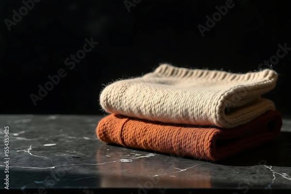 Fototapeta Two folded woolen garments on matte black surface, soft light, AI-generated

