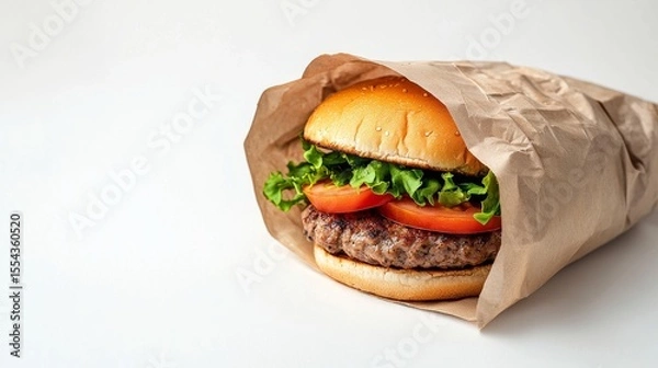 Obraz Vegan plant-based burger wrapped in unbleached recyclable paper, symbolizing a healthy, sustainable, and eco-conscious fast-food option