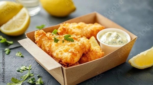 Obraz Freshly fried fish fillet in a biodegradable takeaway box with lemon wedges and tartar sauce, symbolizing a classic and sustainable fast-food or seafood meal