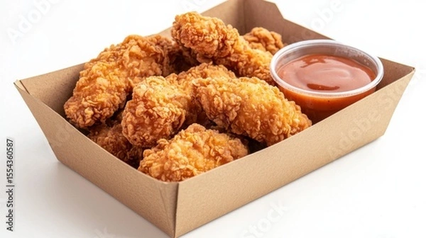 Obraz Freshly fried chicken tenders in an eco-friendly cardboard box with dipping sauce, symbolizing fast food, convenience, and a delicious ready-to-eat snack