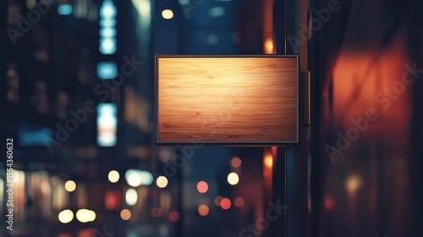 Obraz Mockup of a sleek, modern wooden signboard illuminated by subtle light against a blurred city night background, symbolizing urban advertising or business branding