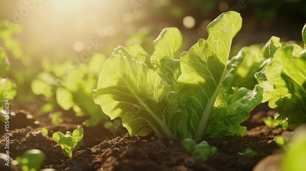 Obraz Fresh lettuce growing in rich soil with a warm sun flare, symbolizing organic farming, healthy eating, and natural growth