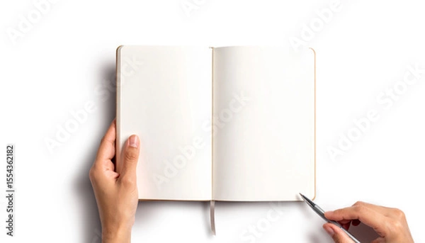 Obraz Hands holding open notebook and pen on transparent background