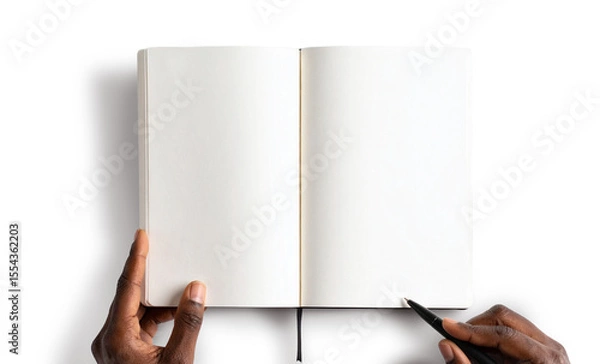 Obraz Hands holding open notebook with pen on transparent background