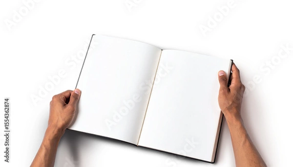 Obraz Hands holding an open book with blank pages on transparent background