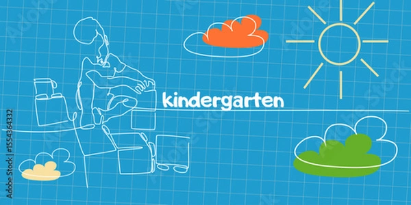 Fototapeta Kindergarten greeting text with a boy plays with blocks. Vector single line illustration of a child plays with blocks on a notebook background
