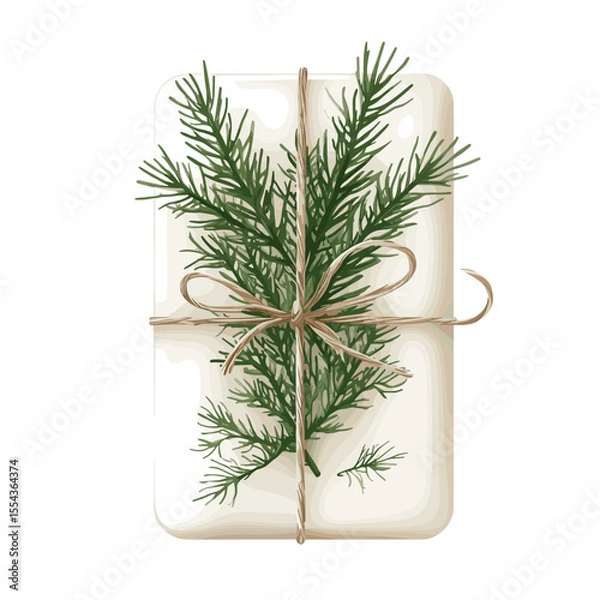 Fototapeta White gift box with pine sprig and twine bow on white background