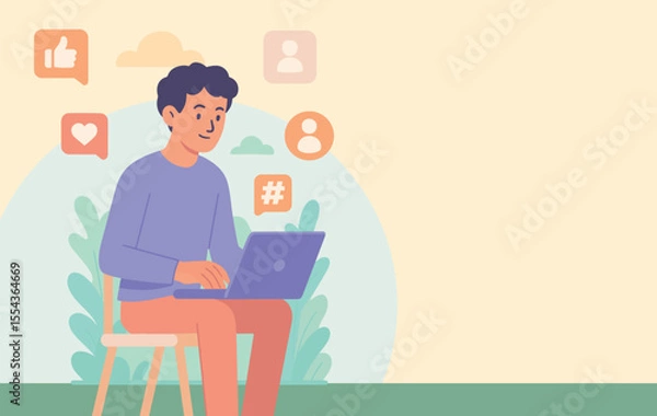 Obraz Flat Design Character Illustration of a Social Media Worker Using a Laptop Outdoors with Nature Background, Surrounded by Digital Icons in Soft Pastel Colors, Perfect for Web and Social Media Content