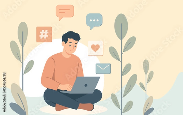 Obraz Flat Design Character Illustration of a Social Media Worker Using a Laptop Outdoors with Nature Background, Surrounded by Digital Icons in Soft Pastel Colors, Perfect for Web and Social Media Content