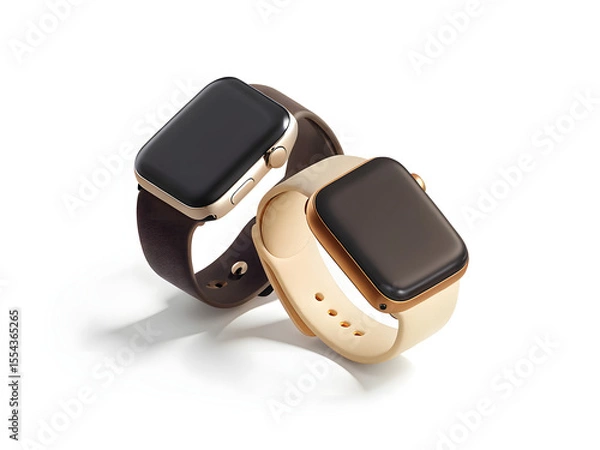 Fototapeta Isolated objects on white, including a black mobile phone, wrist watch, and digital communication devices