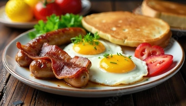Fototapeta A sizzling plate of sausages, eggs, and bacon, perfectly cooked for a hearty breakfast Fluffy pancakes and crispy toast complete this delicious morning meal , toast, country breakfast
