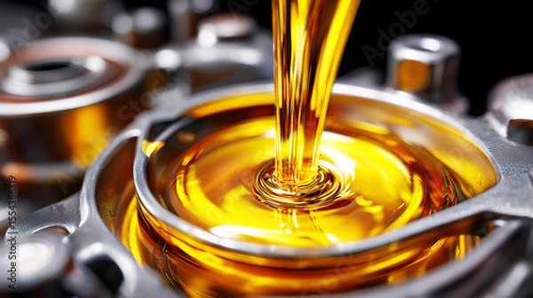 Fototapeta Macro shot of engine oil being poured into motor, golden liquid in motion, high realism and detail of car maintenance scene