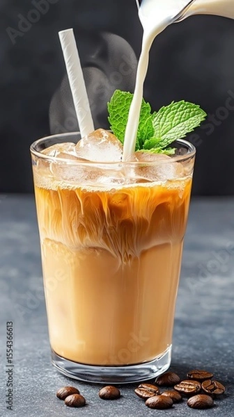 Obraz Iced Coffee with Milk Splash and Mint, pouring sequence shot with threestep milk entry shown simultaneously, mint as accent color, balanced exposure and creative storytelling
