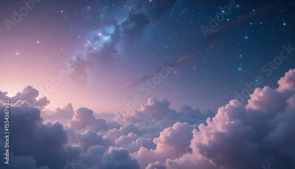 Fototapeta A breathtaking view from above a sea of clouds, gazing up at the vibrant milky way galaxy in a star-studded night sky.