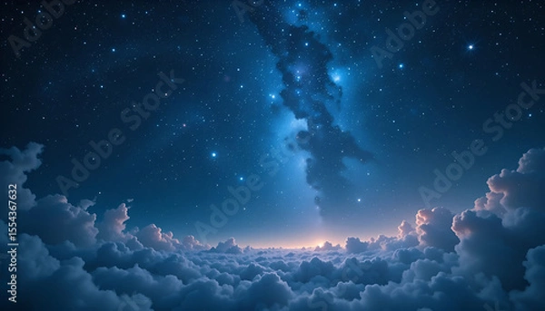Fototapeta A breathtaking view from above a sea of clouds, gazing up at the vibrant milky way galaxy in a star-studded night sky.