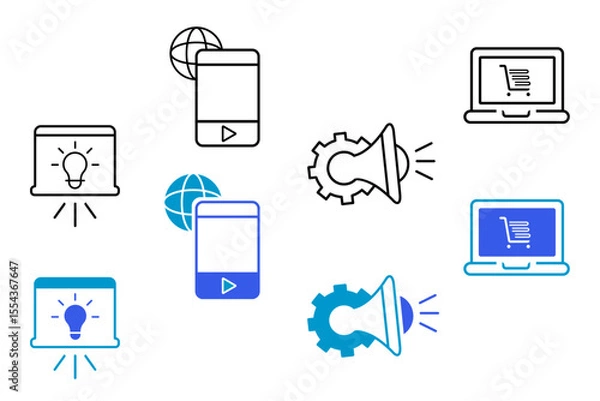 Fototapeta Digital marketing line and flat icons set. Marketing & Search Engine Optimization (SEO), Website, search, mail, analysis, content, strategy icons. Editable vector illustration